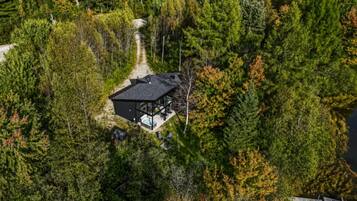 A secluded cabin with a glass enclosure, surrounded by dense forest and a clear path leading to it.
