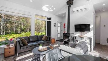 Un salon moderne avec une cheminée, un canapé, une table basse et un téléviseur.