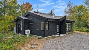 Et moderne, sort hus med grusvej, omgivet af træer og beplantning.
