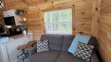 A cozy cabin interior with a sofa, patterned cushions, a kitchen area, and a window with a view.