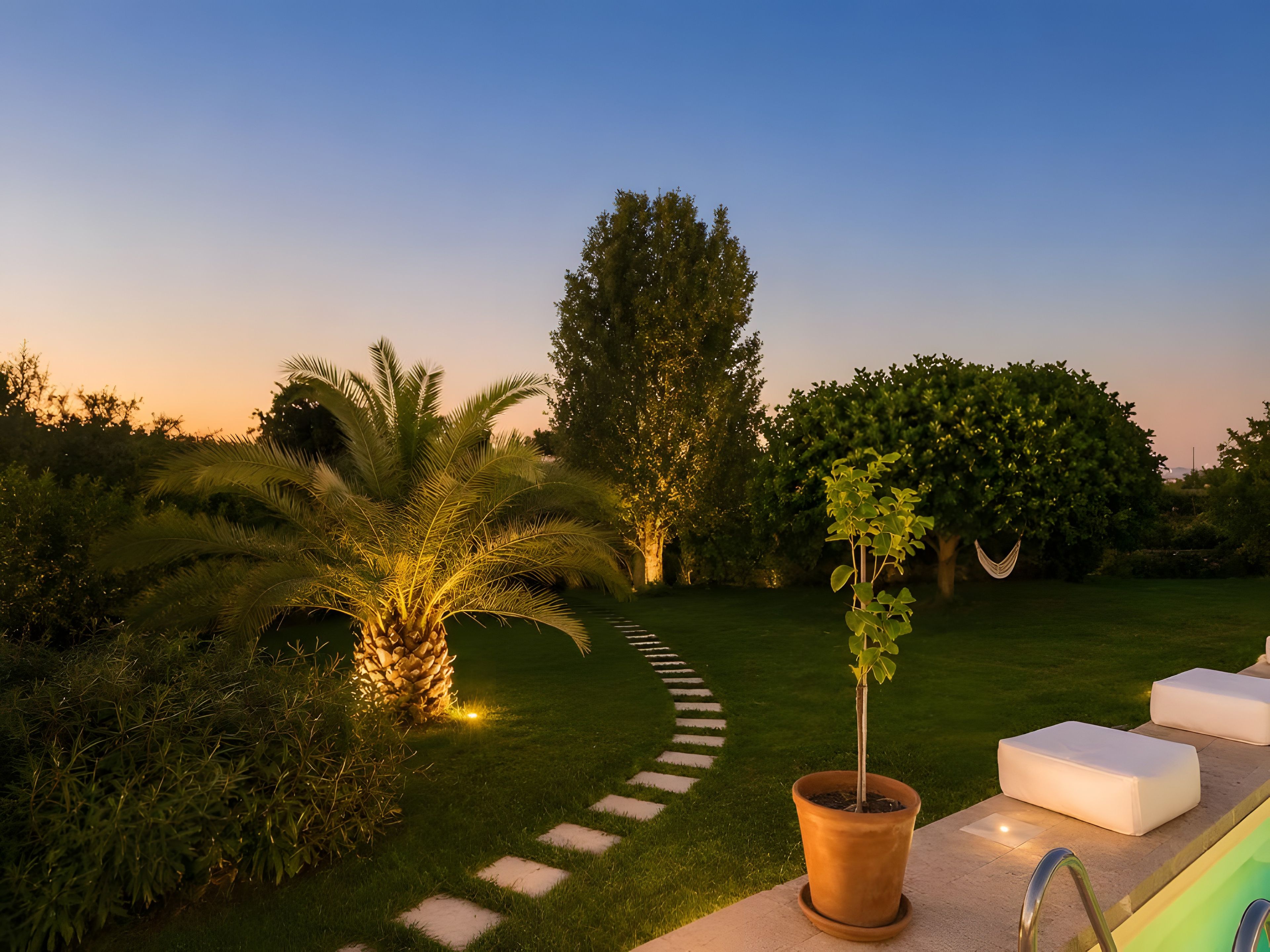 A garden with a pathway, a palm tree, and a potted plant.