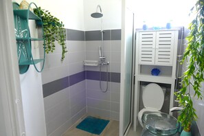 Un baño pequeño con ducha, inodoro y un estante con artículos de aseo.