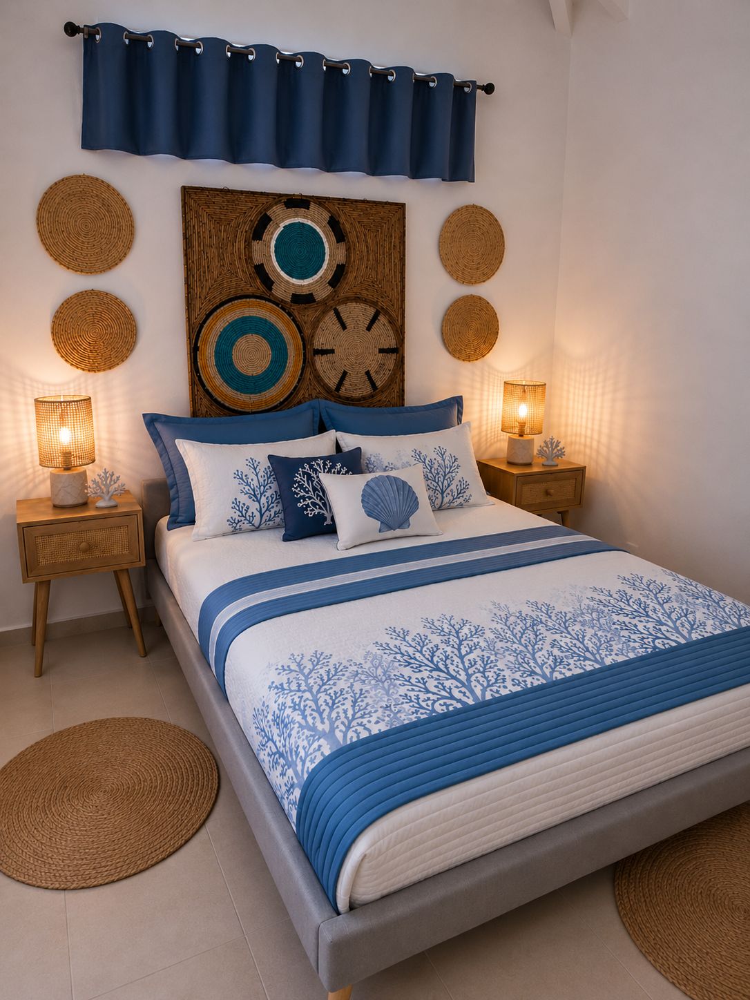 A neatly made bed with a blue and white bedspread, flanked by two bedside tables with lamps, and a wall decorated with woven circular art pieces.
