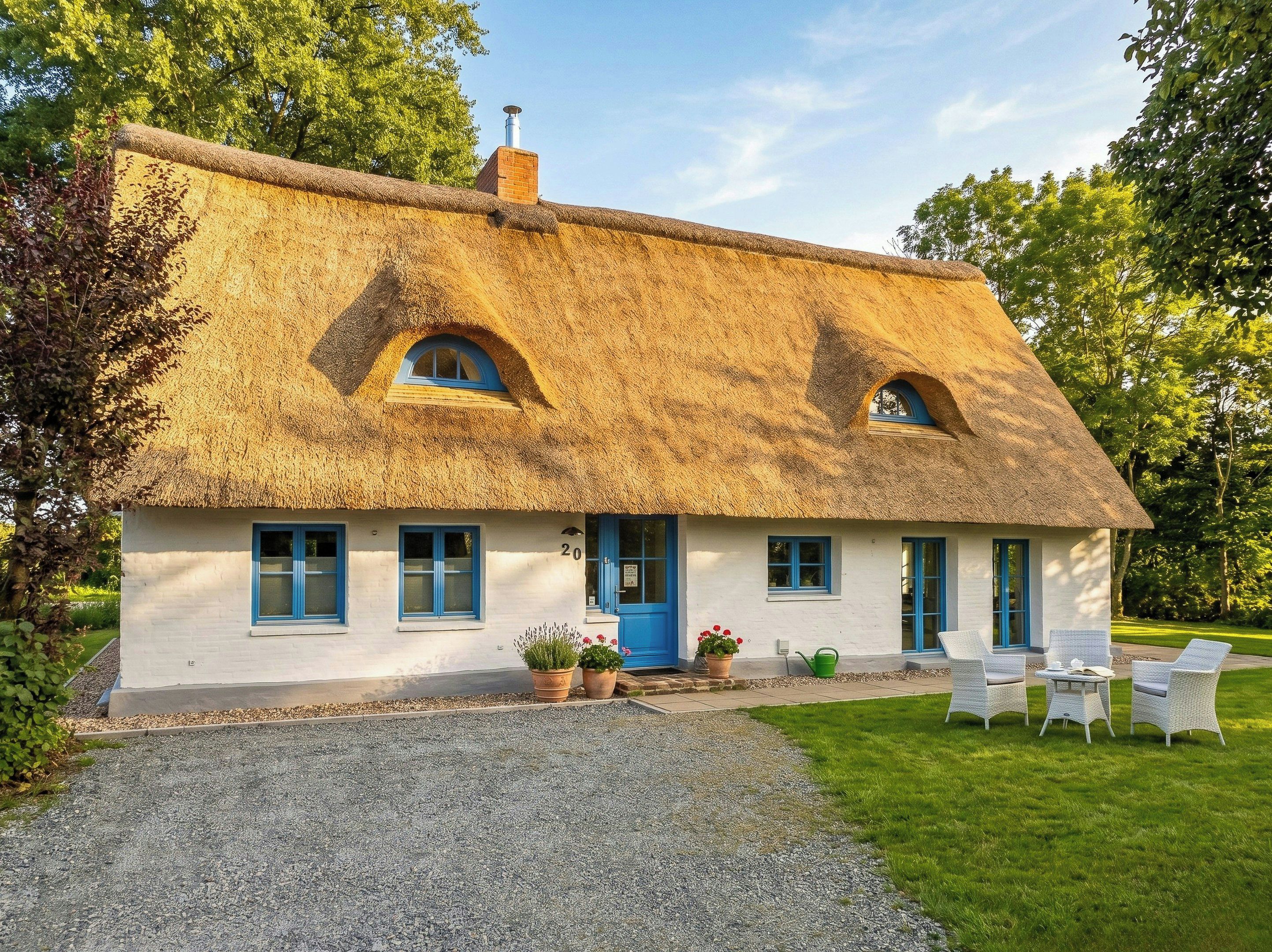 A thatched-roof house with a gravel driveway and a lawn.