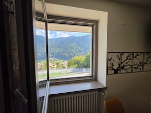 Ein Zimmer mit Fensterblick auf eine gebirgige Landschaft, einem Heizkörper und einer Wand mit vier gerahmten Bildern.