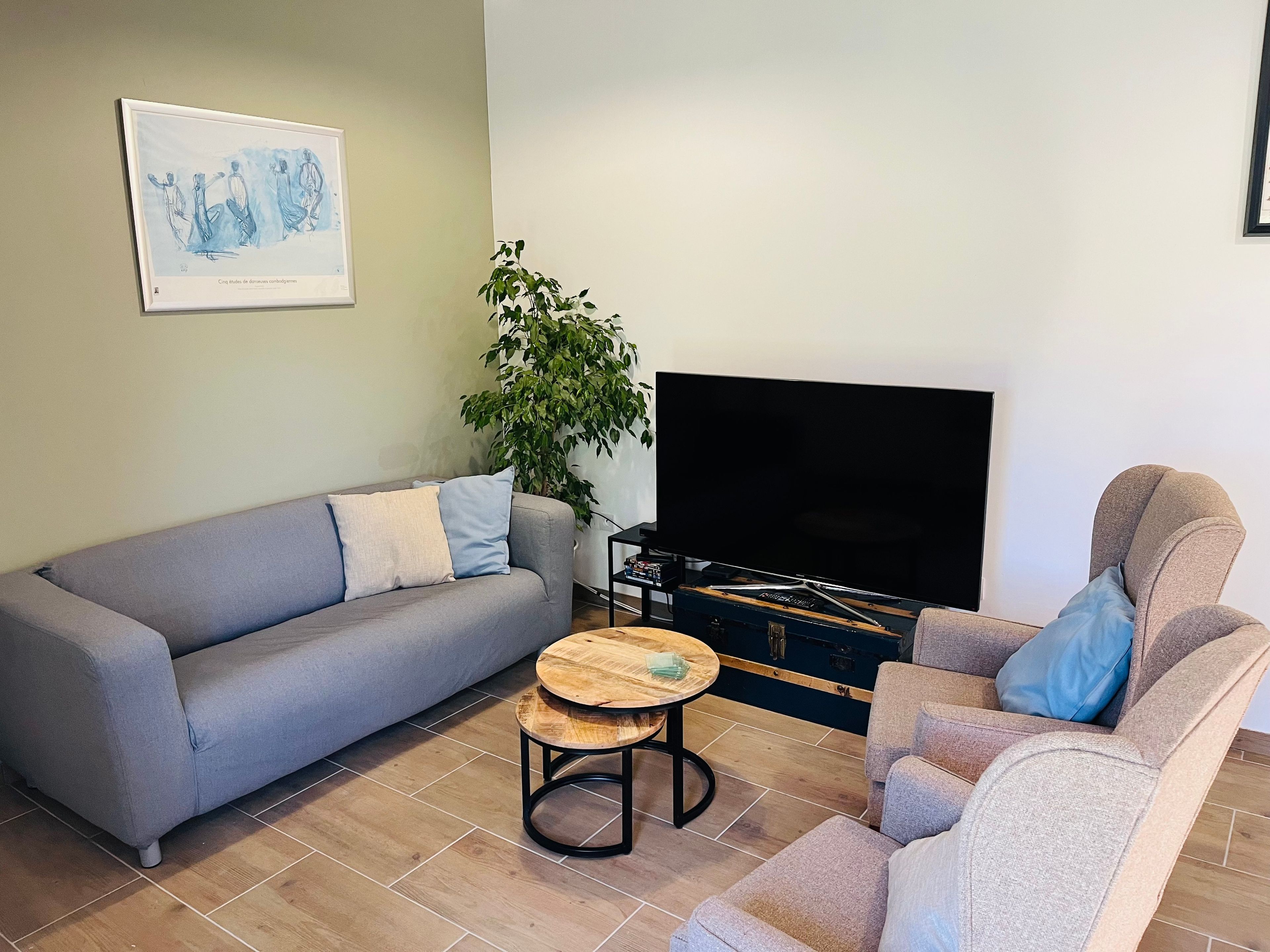 Un salon avec un canapé gris, une table basse ronde en bois, un téléviseur et une plante.