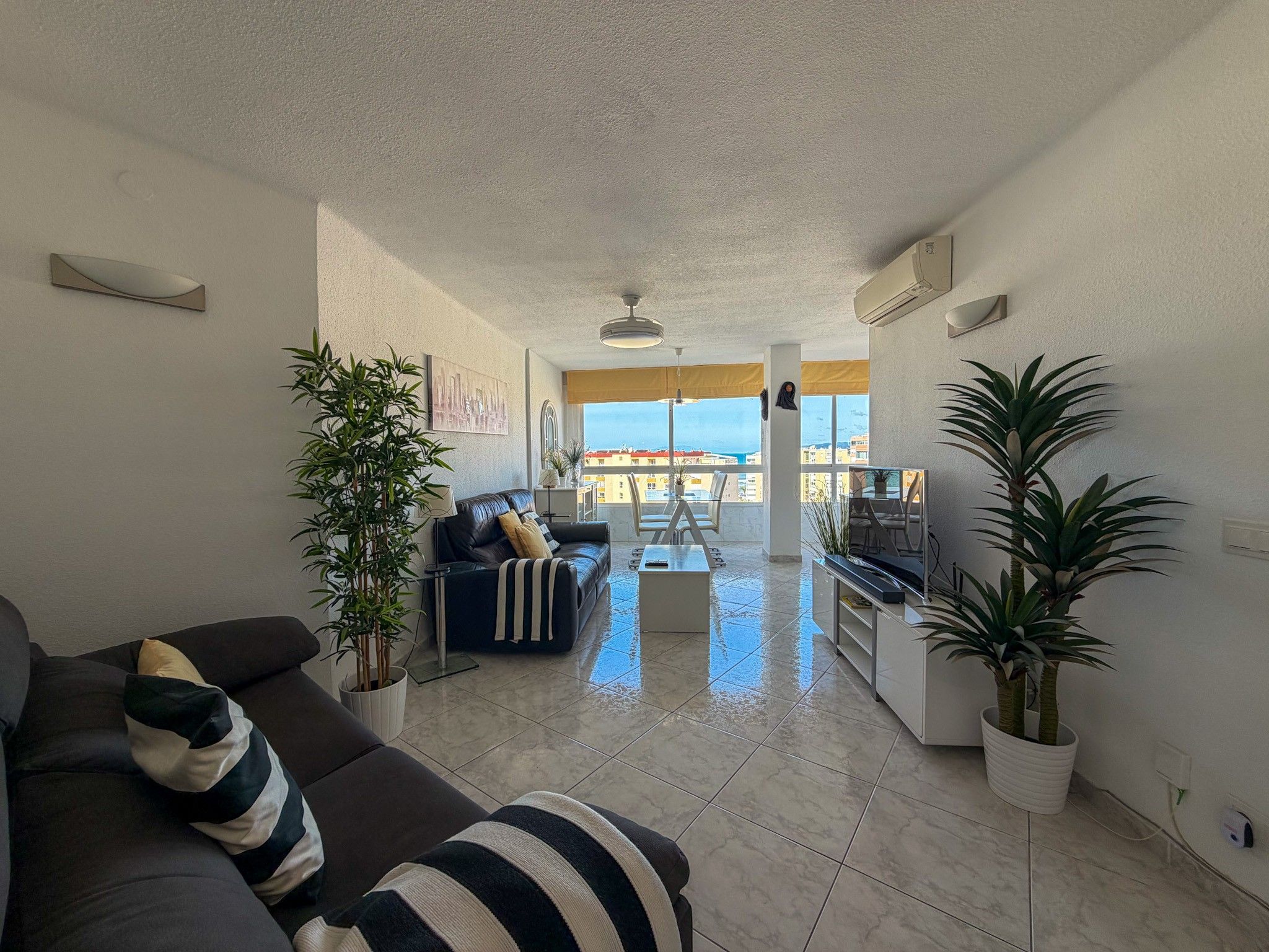 A spacious living area with a sofa, a dining table, and chairs, a balcony with a view, and several potted plants.