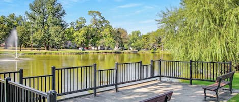 Un parc avec un étang, des bancs et une fontaine.