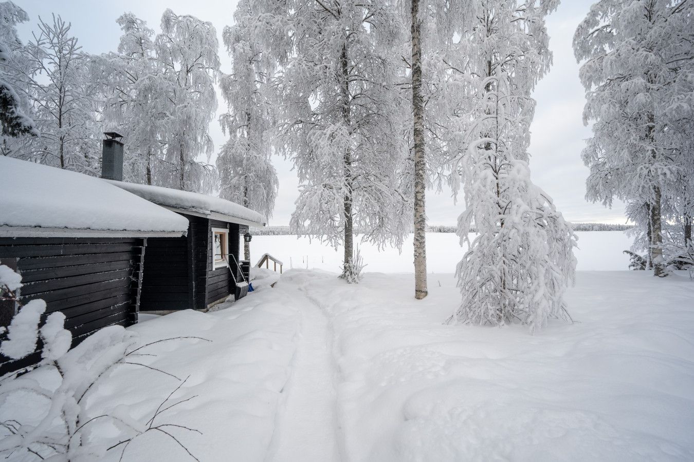 A cabin surrounded by snow-covered trees, a wooden deck, and a clear view of a lake.