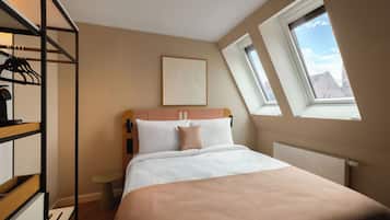 A bedroom with a bed, a bedside table, a wardrobe, and a skylight.