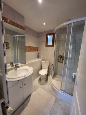 A modern bathroom with a glass-enclosed shower, a white sink, and a toilet.