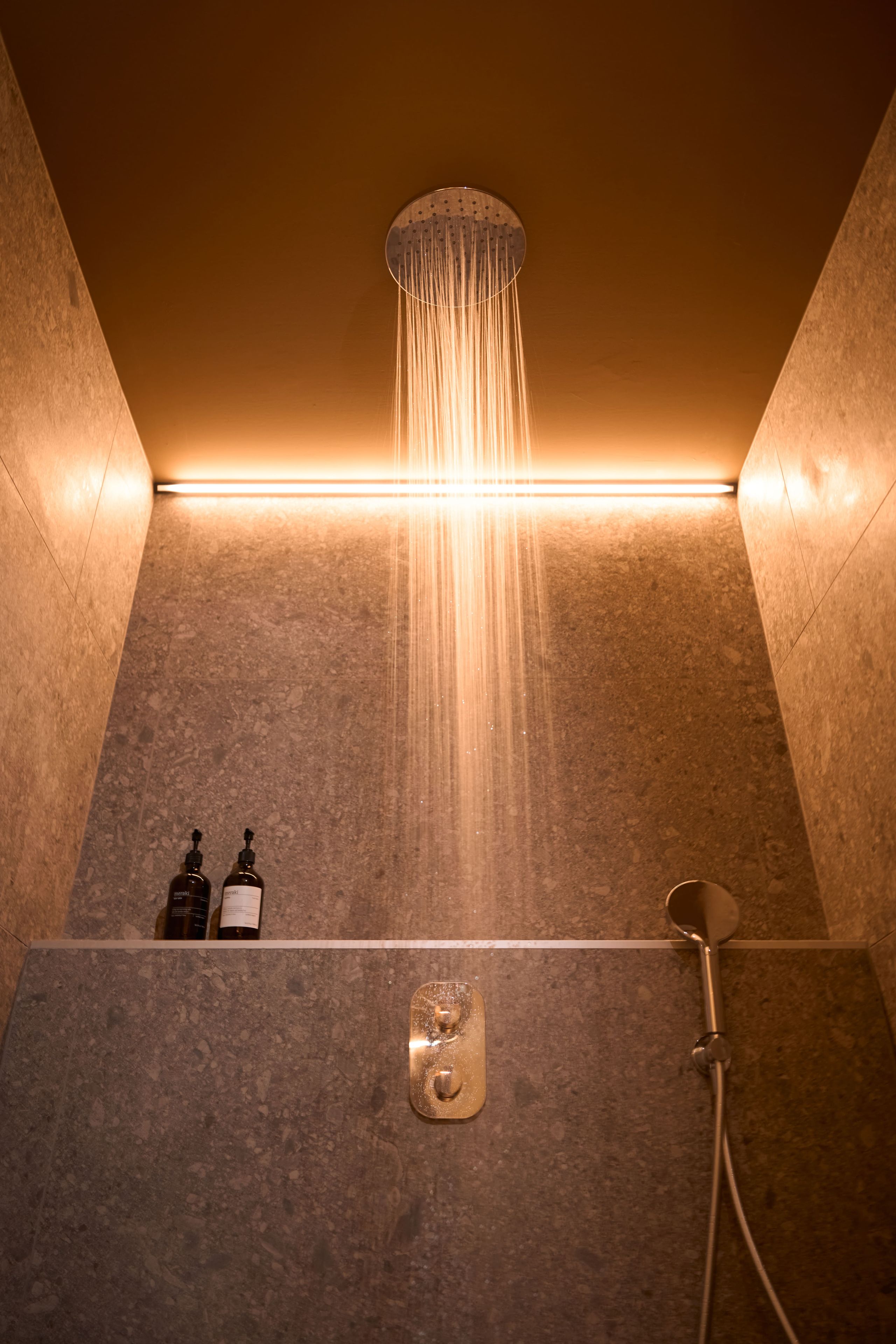 A modern shower with a rain-like water feature, a handheld showerhead, and a soap dispenser on the wall.