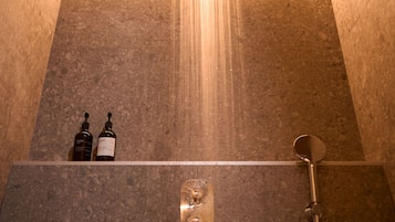 A modern shower with a rain-like water feature, a handheld showerhead, and a soap dispenser on the wall.