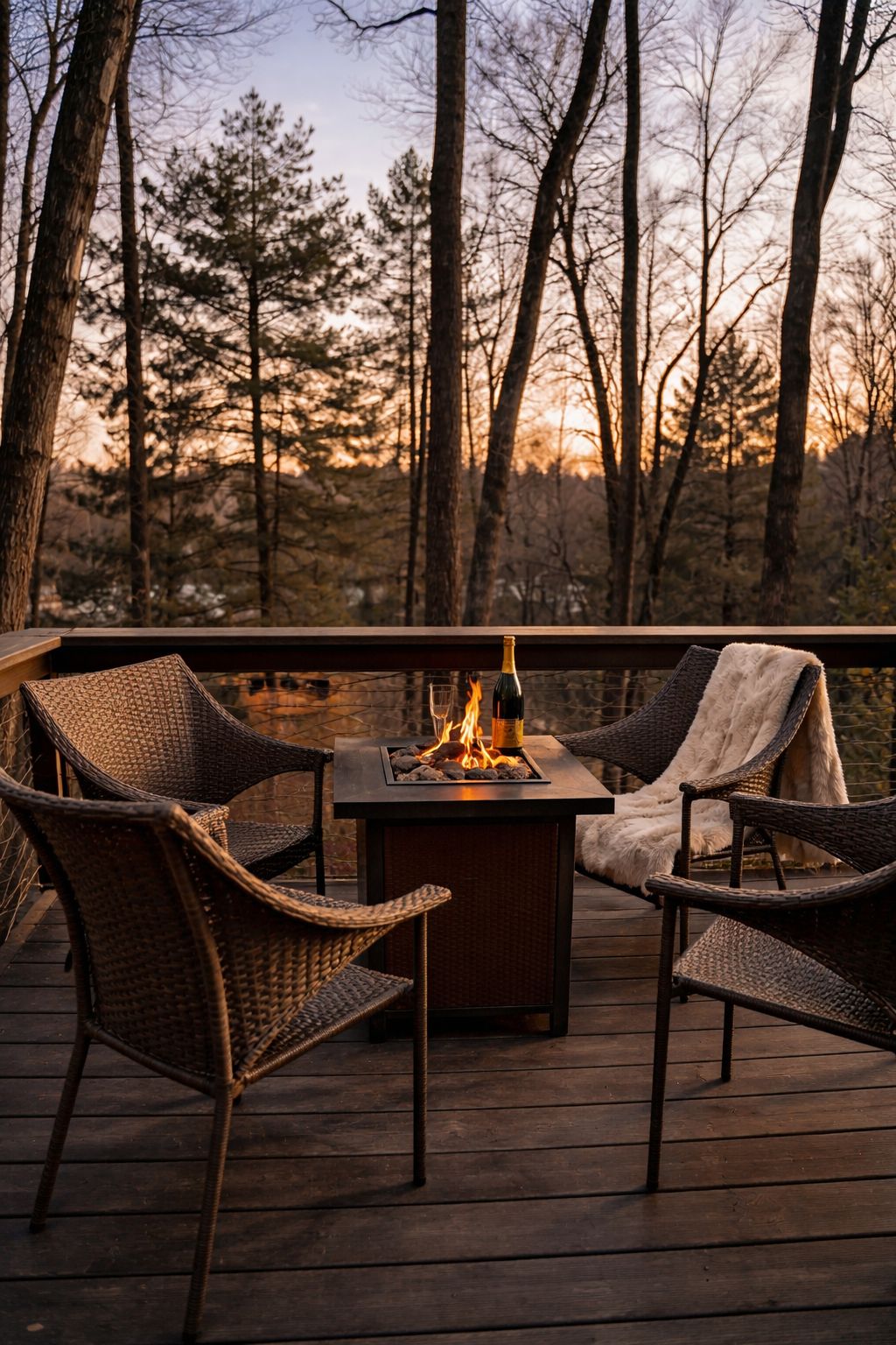 A deck with wicker chairs and a table, a fire feature, and a bottle of wine.