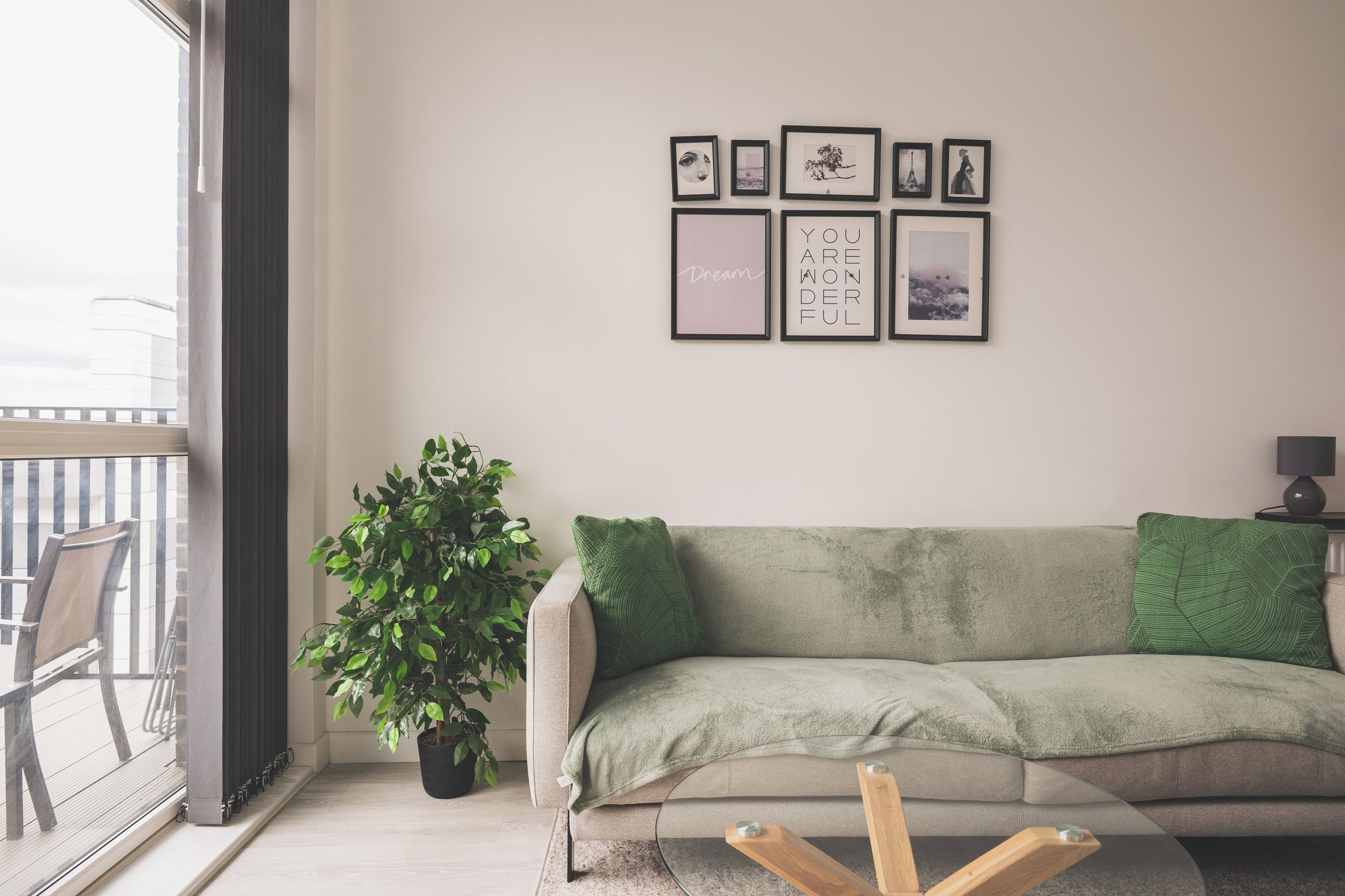 Un salon avec un canapé, une plante en pot et une fenêtre.