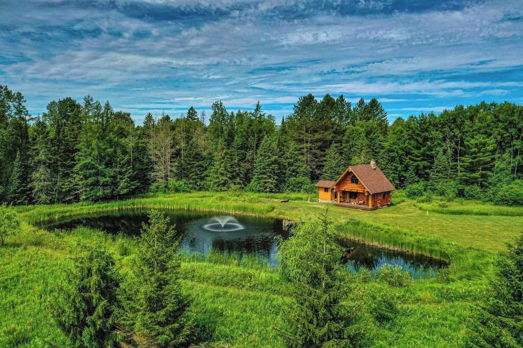 A cabin surrounded by a pond and dense forest.