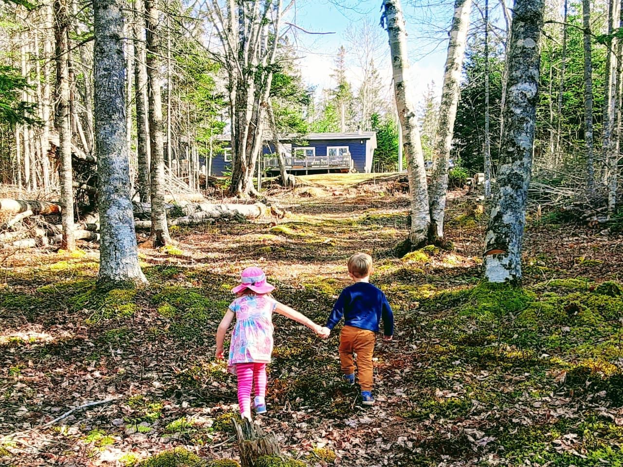 Due bambini che camminano in una foresta verso una baita.