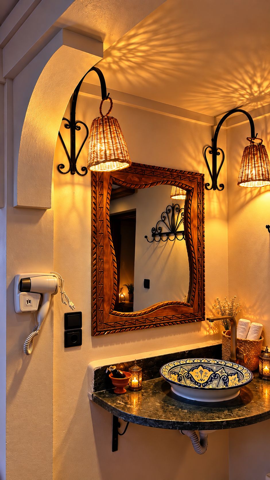 A bathroom with a mirror, two wall-mounted lights, a hairdryer, a sink with a decorative bowl, and a small potted plant.