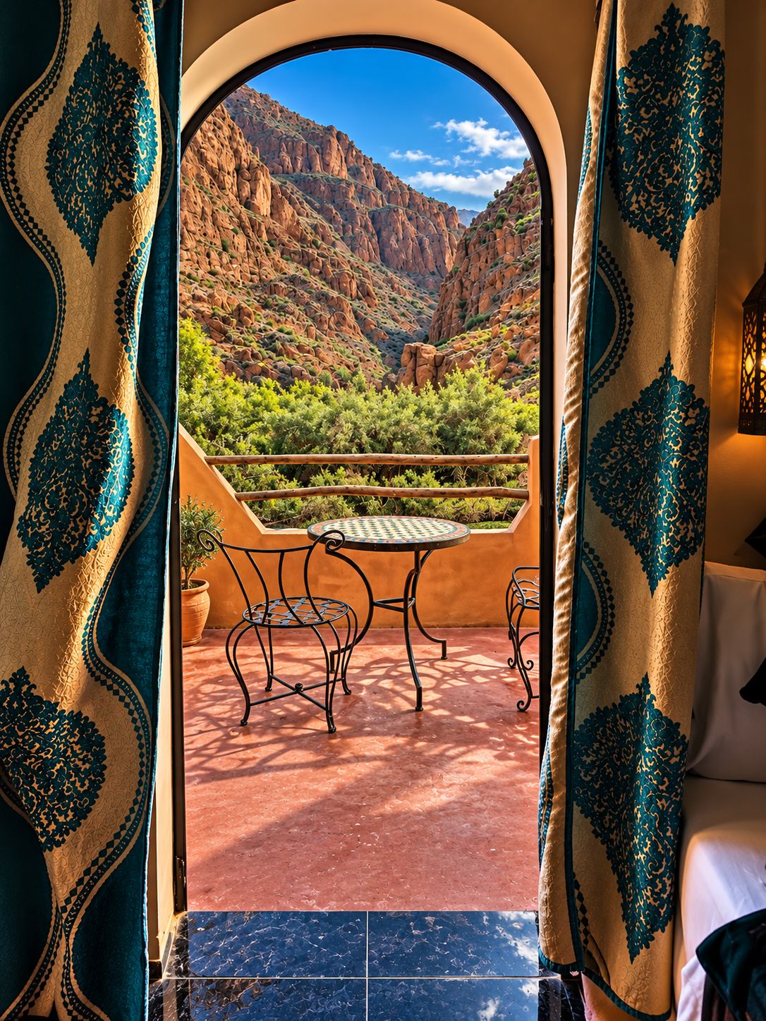 A room with a view of a mountainous landscape through an arched doorway, a tiled floor, and a metal table with chairs.