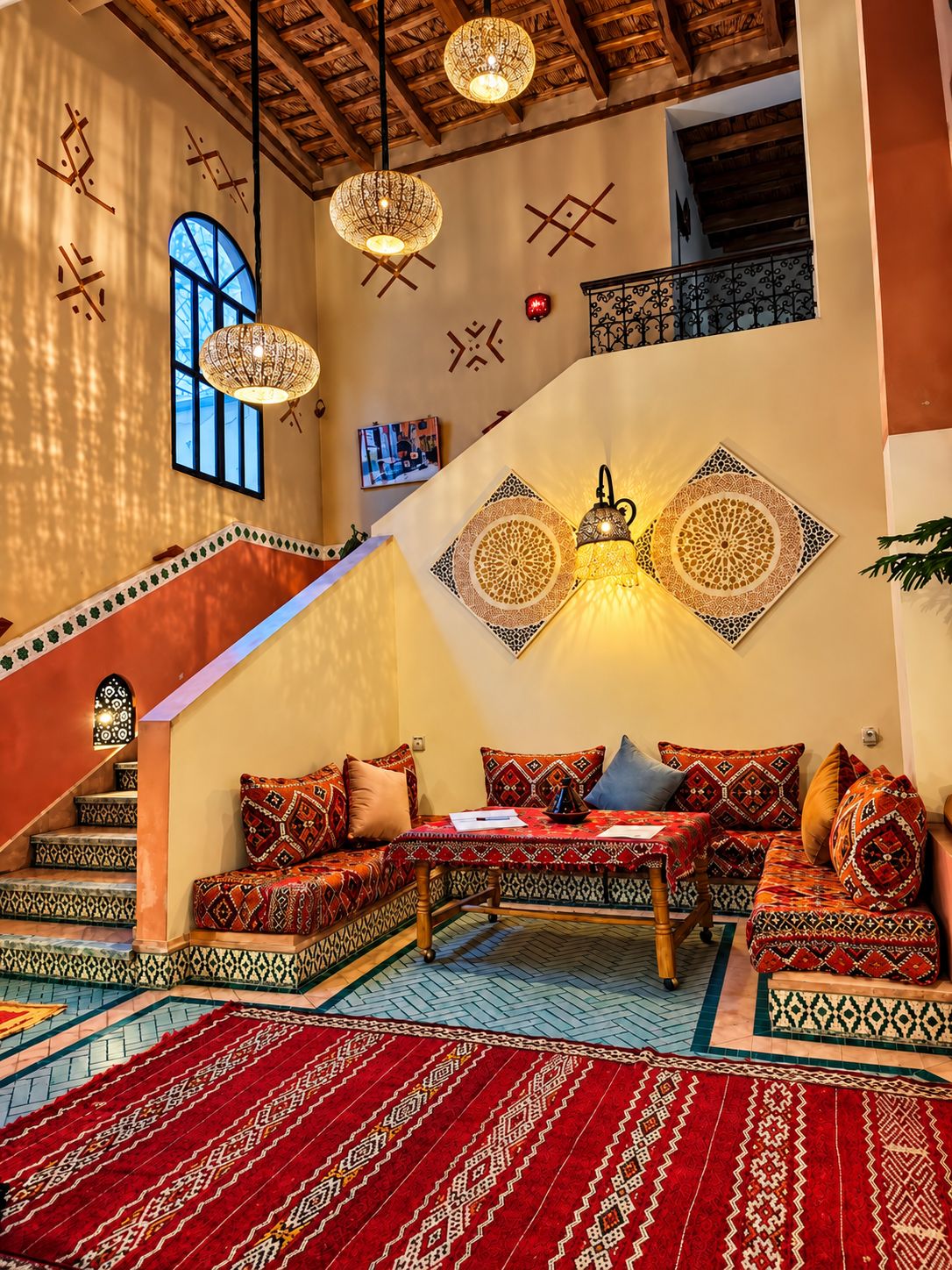 Un intérieur de style traditionnel, avec un escalier, des coussins à motifs et des œuvres d’art décoratives accrochées au mur.