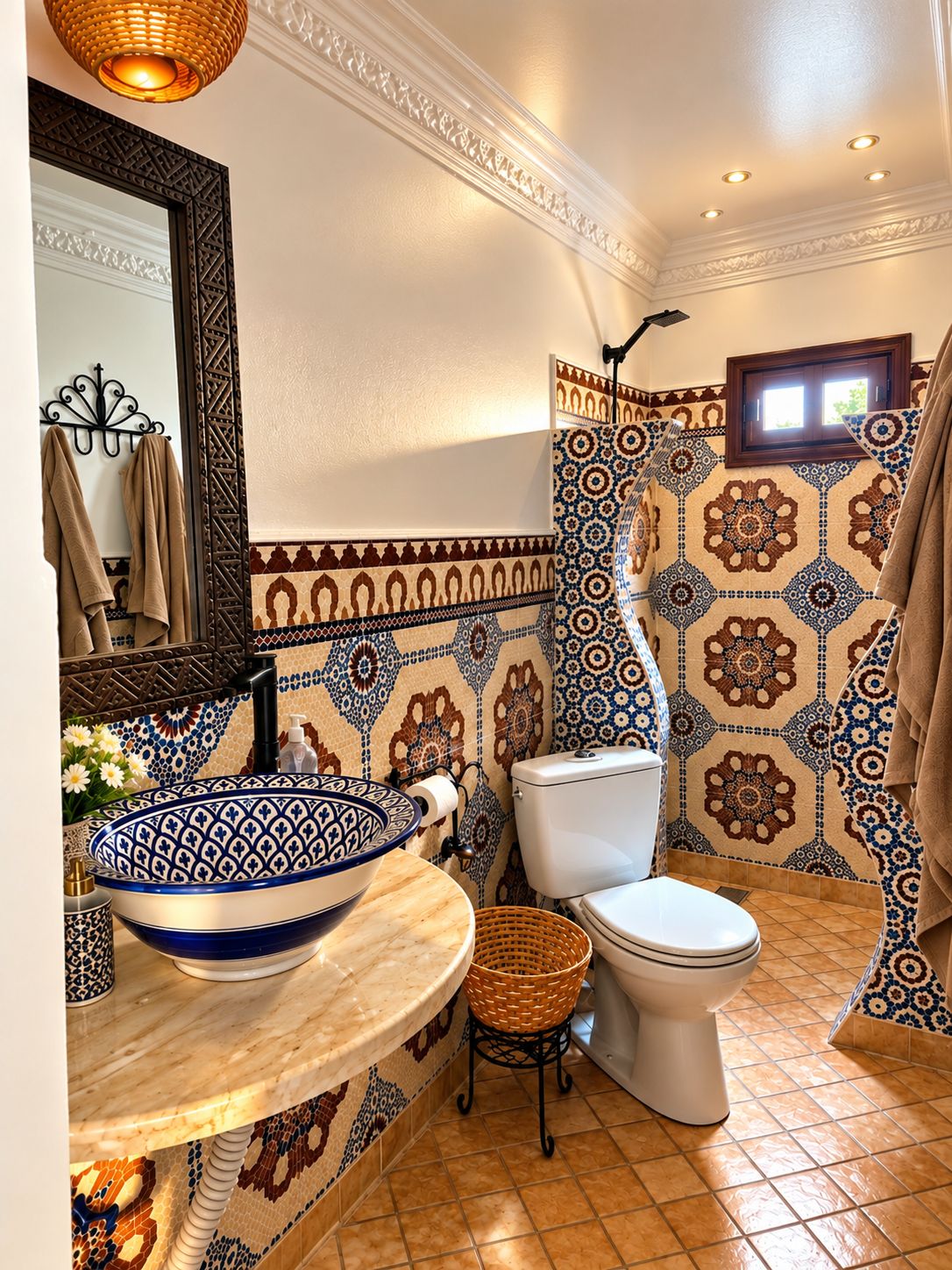 Un baño con un espejo grande, un lavabo, un inodoro y azulejos estampados.