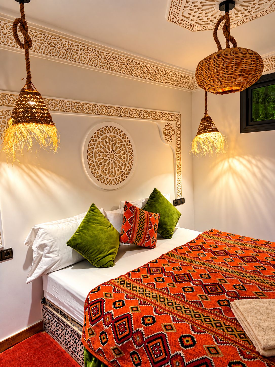 Un lit avec du linge de lit blanc et des coussins à motifs, une moquette rouge et un mur décoratif orné d’un motif circulaire.