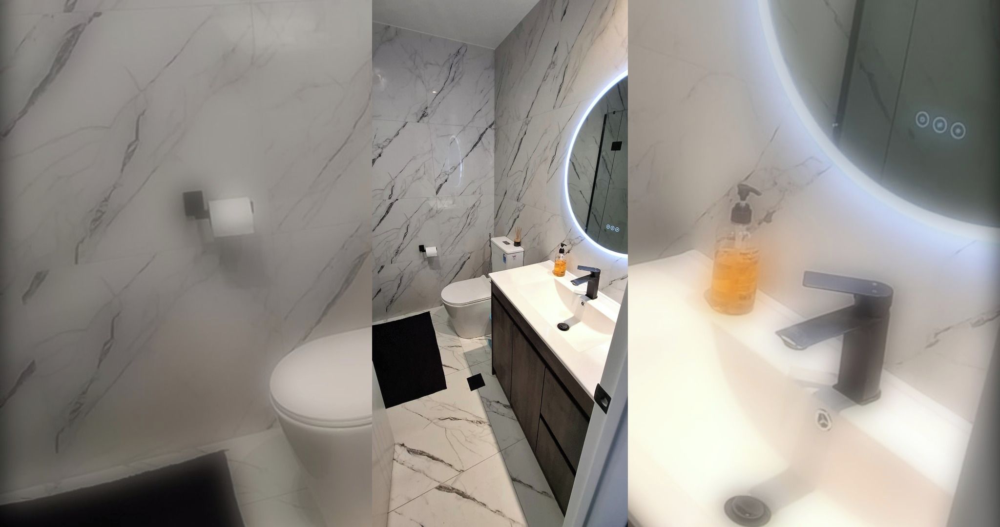 A bathroom with a toilet, sink, and mirror.
