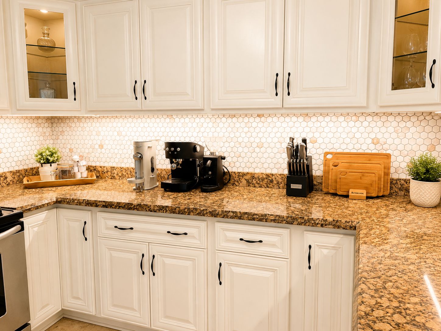 A kitchen with white cabinets, a coffee maker, a knife block, and a cutting board.