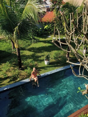 Una piscina con agua cristalina, rodeada de exuberante vegetación y un césped cuidado.