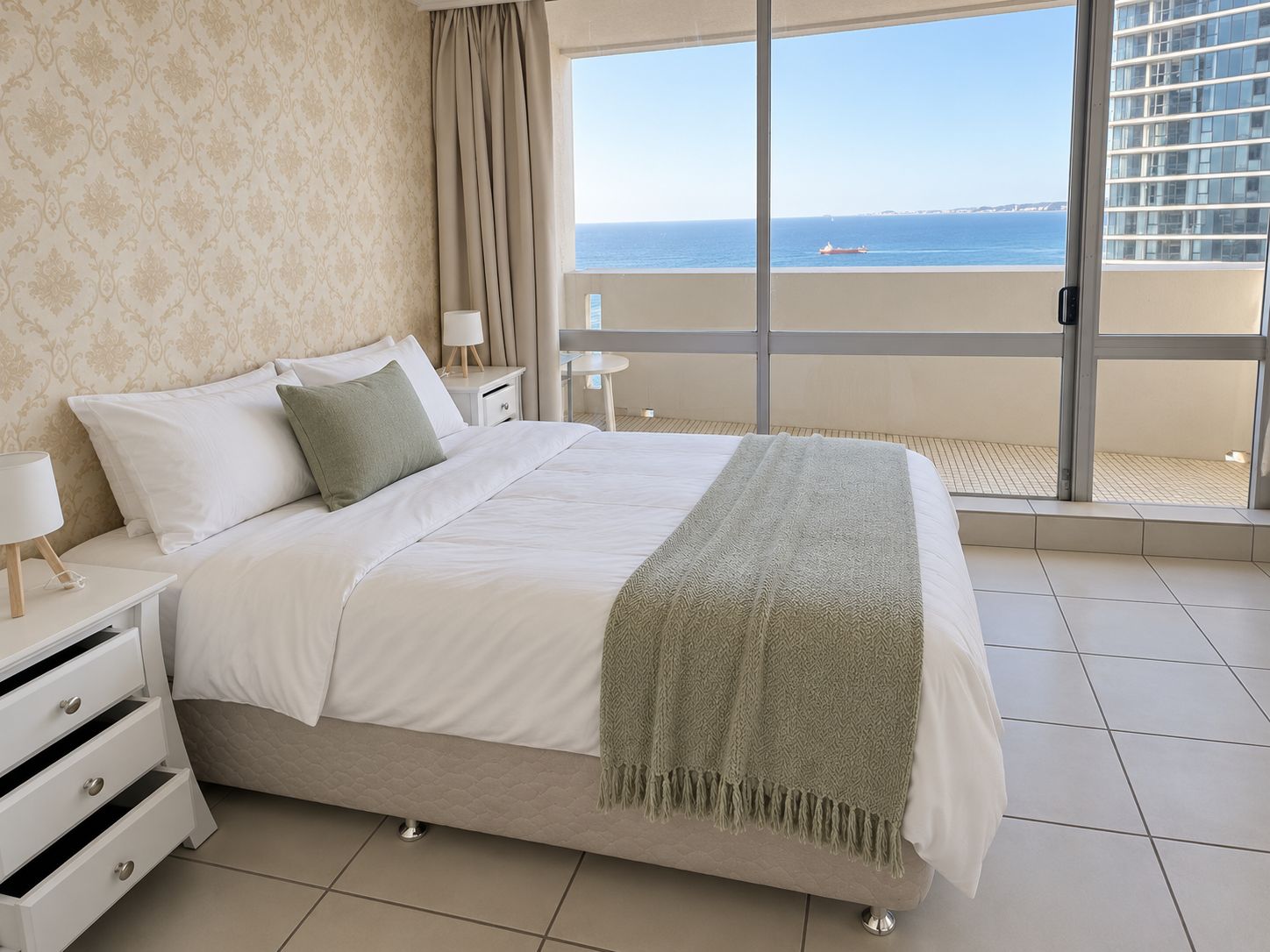 A hotel room with a bed, a nightstand, a lamp, a view of the sea, and a balcony.