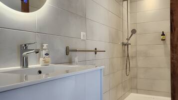 Een moderne badkamer met een witte wastafel, een spiegel, een handdouche en een handzeepdispenser.