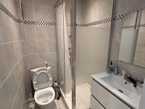 A bathroom with a toilet, a sink, a shower, and a mirror. - Ground floor studio with parking near beach (Villers-sur-Mer)
