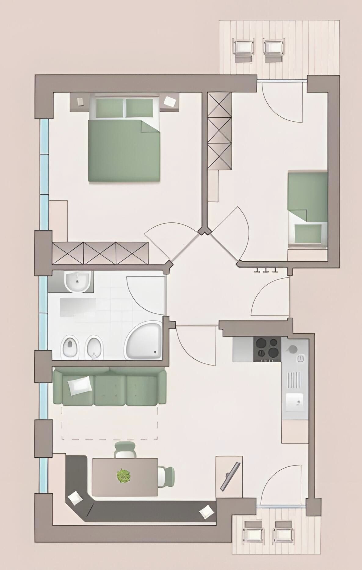 En planritning över ett hotellrum med ett litet kök, ett badrum, ett vardagsrum med en soffa och ett matbord samt en liten balkong.
