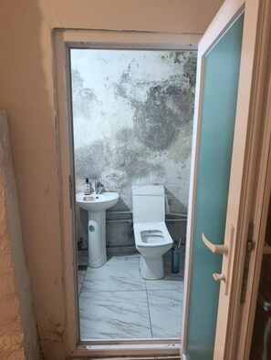 Kylpyhuone, jossa on wc, pesuallas ja marmorilattia.