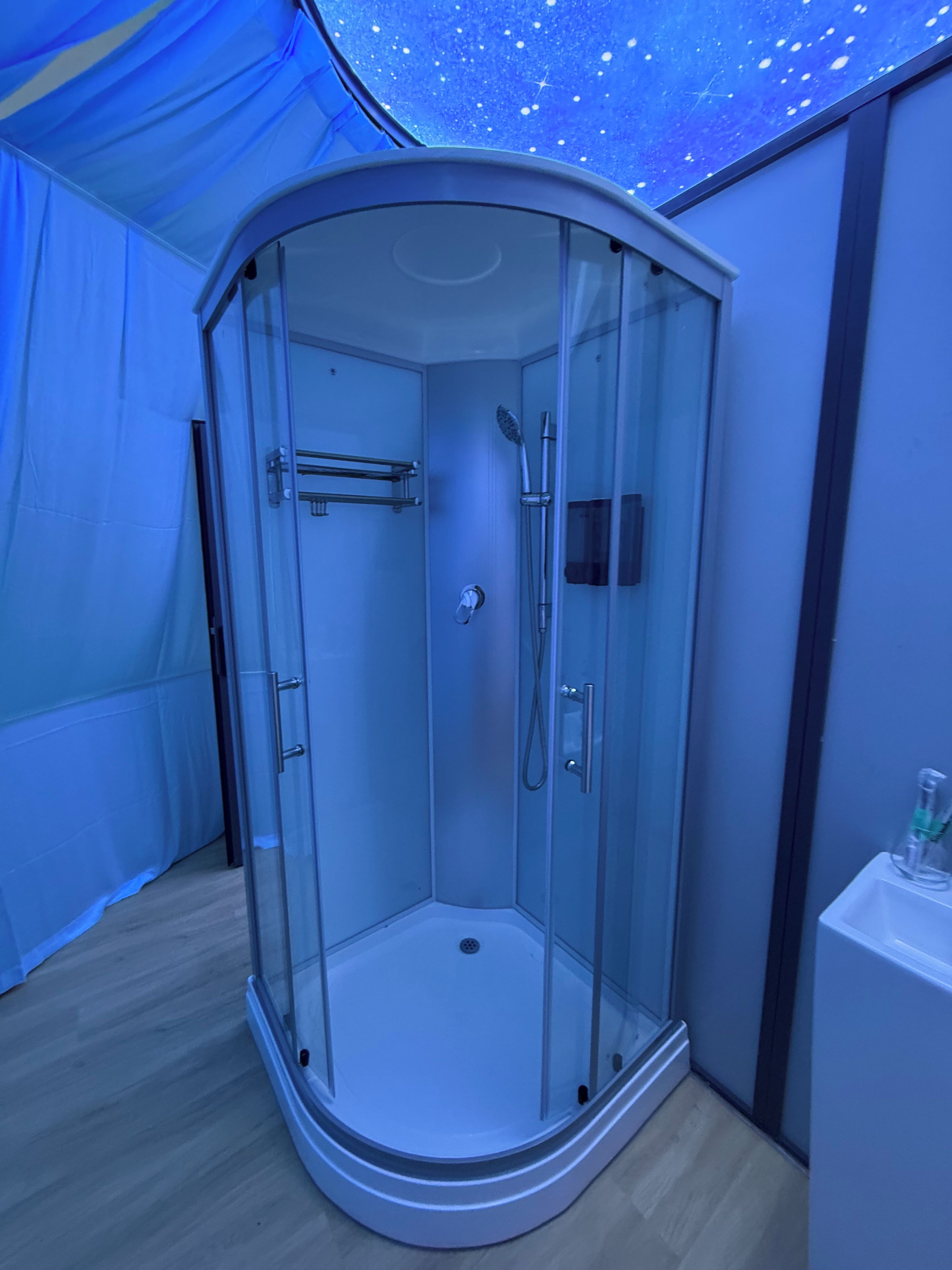 Une cabine de douche fermée par des parois en verre, dotée d’un design incurvé, d’un porte-serviettes et d’un pommeau de douche à main.