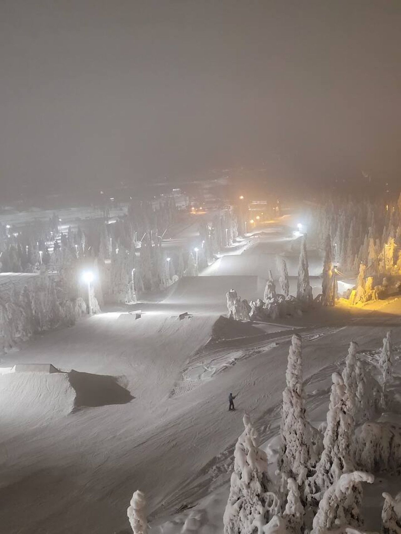 Een besneeerd landschap met een skipiste, bomen en verre lichtjes.