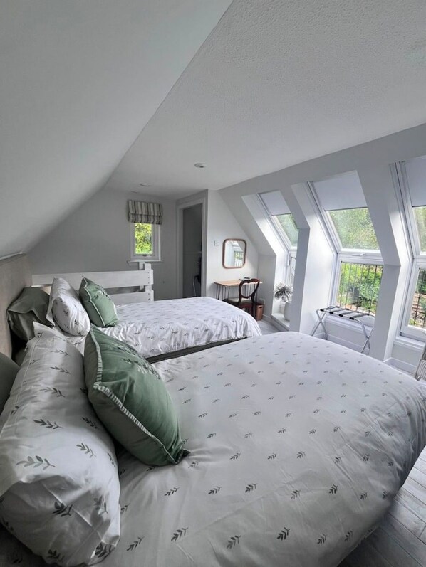 A bedroom with two beds, a window, and a skylight.