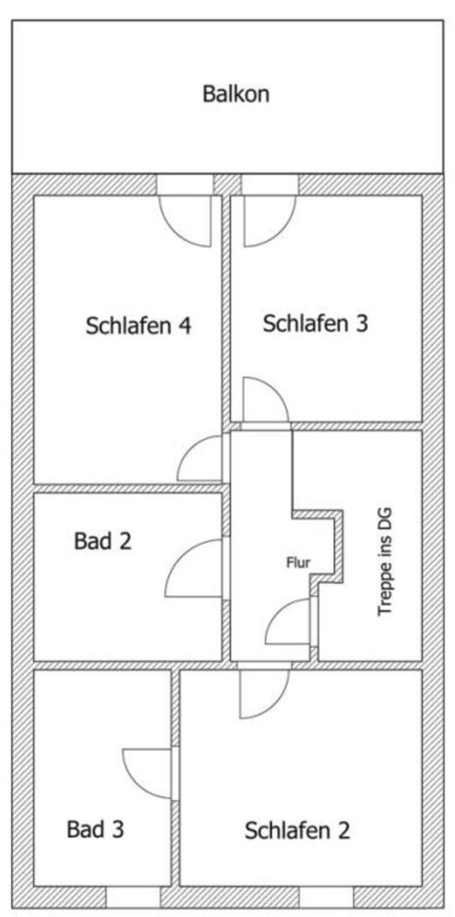 Un plan d’étage comprenant un balcon, quatre chambres (chambres 2, 3 et 4), une salle de bain (salle de bain 2), des toilettes (toilettes) et un couloir.