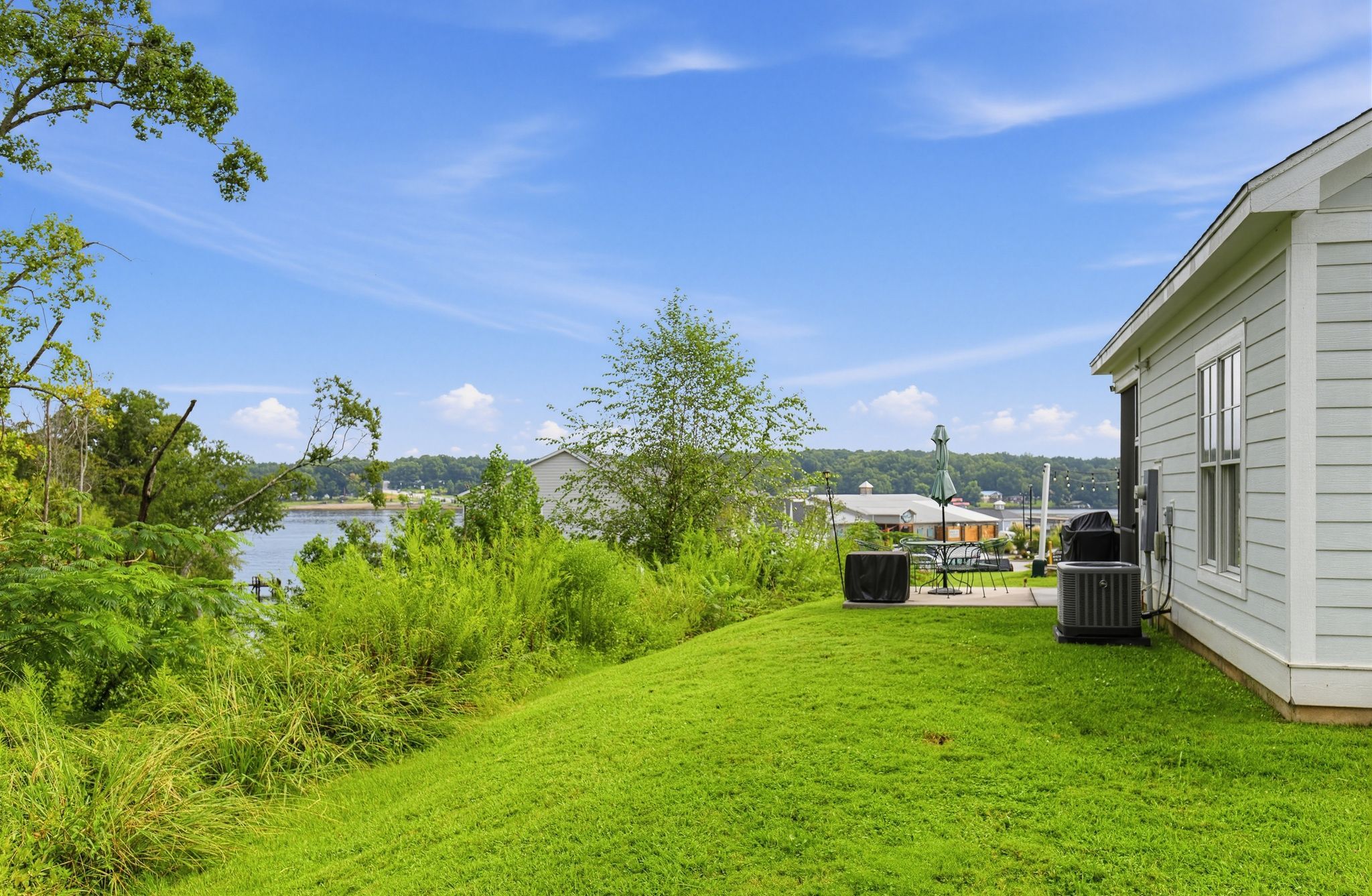 Une cour verdoyante avec un espace patio, un barbecue et une vue sur un lac et des bâtiments éloignés.