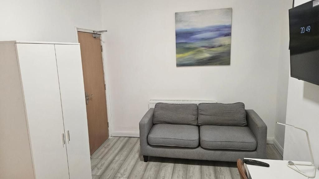 Una habitación con un sofá gris, un armario blanco, un cuadro en la pared y un televisor montado en la pared.