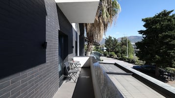 Un estrecho pasillo exterior con un muro de baldosas negras, una pequeña mesa con sillas y una palmera.