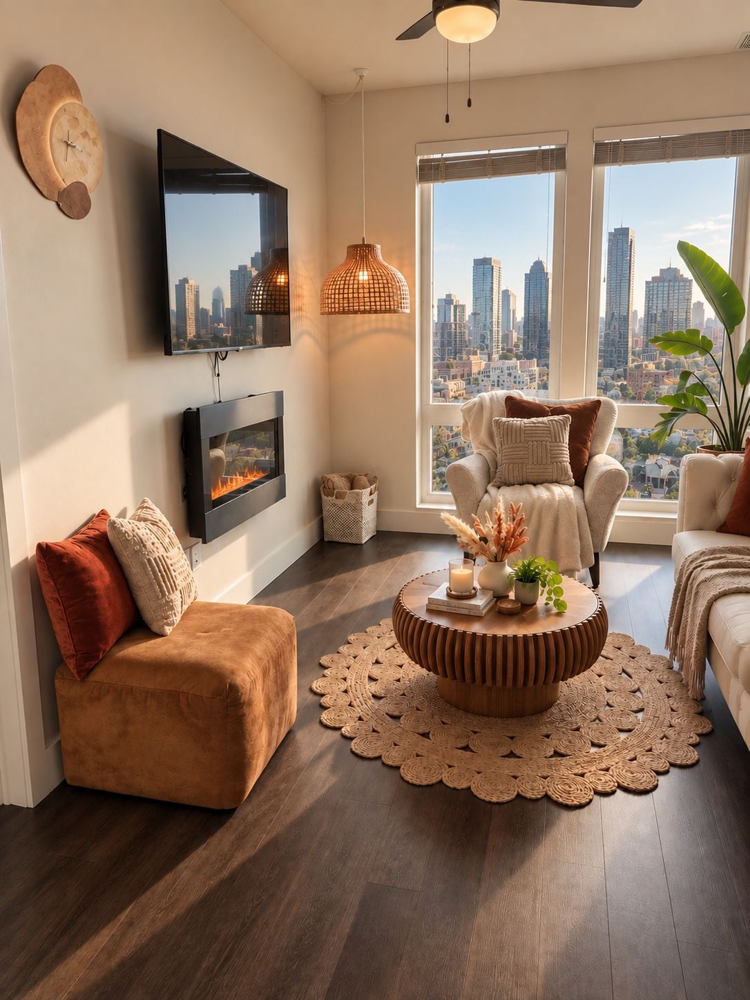 A modern living room with a city view, a fireplace, and a round coffee table.