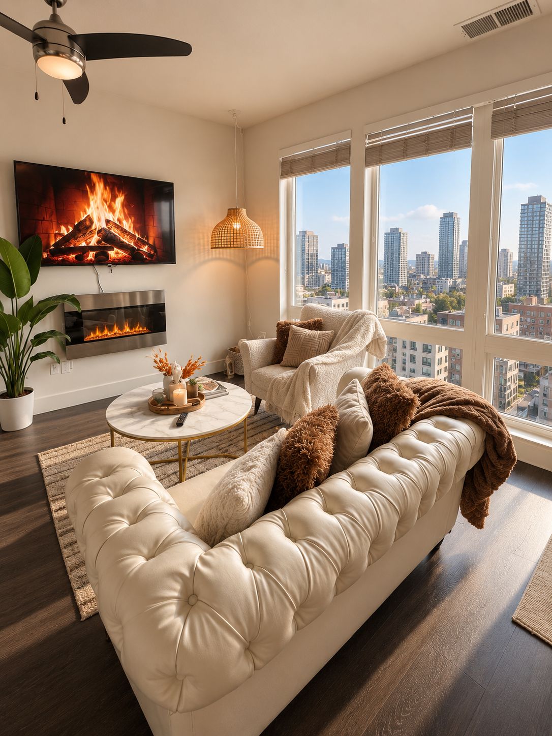 A modern living room with a large window, a fireplace, a sofa, and a television.