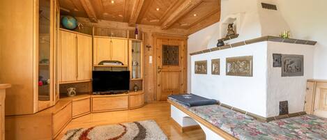 A wooden interior with a television, cabinets, and a patterned rug.