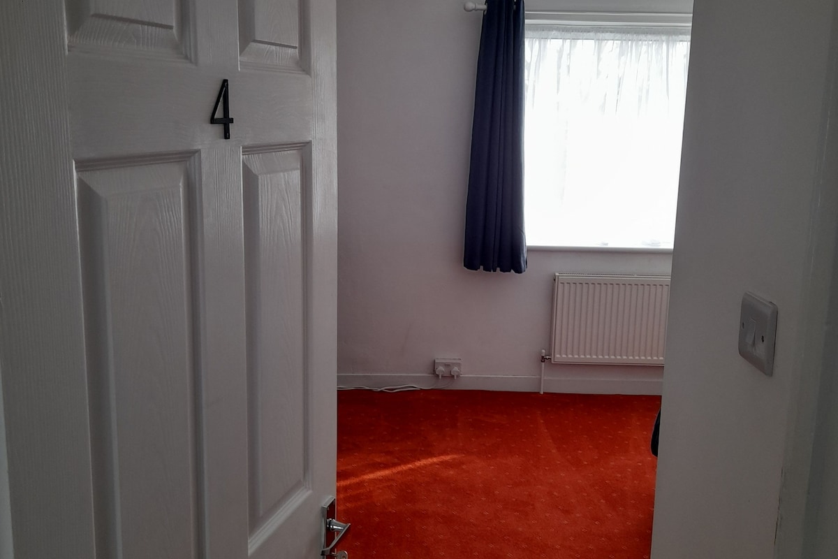 A room with a white door marked with the number 4, a window with a curtain, and a red carpeted floor.