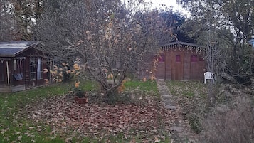 Un jardín con un árbol, un cobertizo de madera y un edificio de ladrillo.