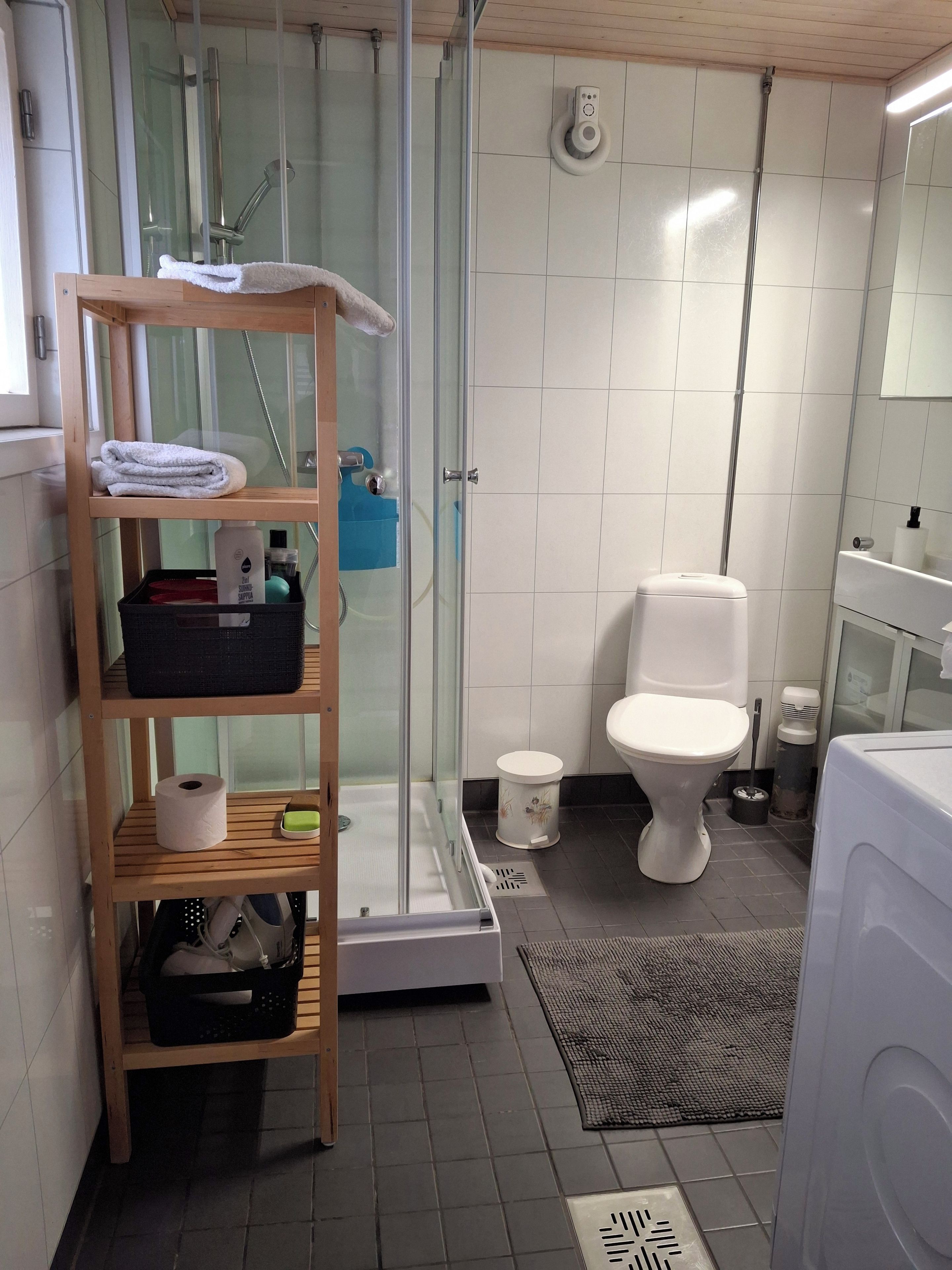 Et moderne badeværelse med bruseniche, toilet og vaskemaskine.