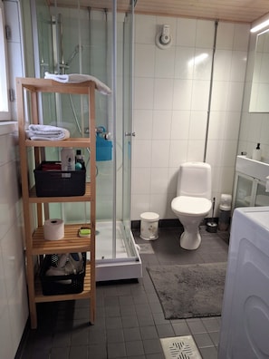 Et moderne badeværelse med bruseniche, toilet og vaskemaskine.
