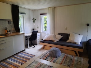 A compact living space with a kitchenette, a single bed with pillows, a desk with a chair, and a window with curtains.