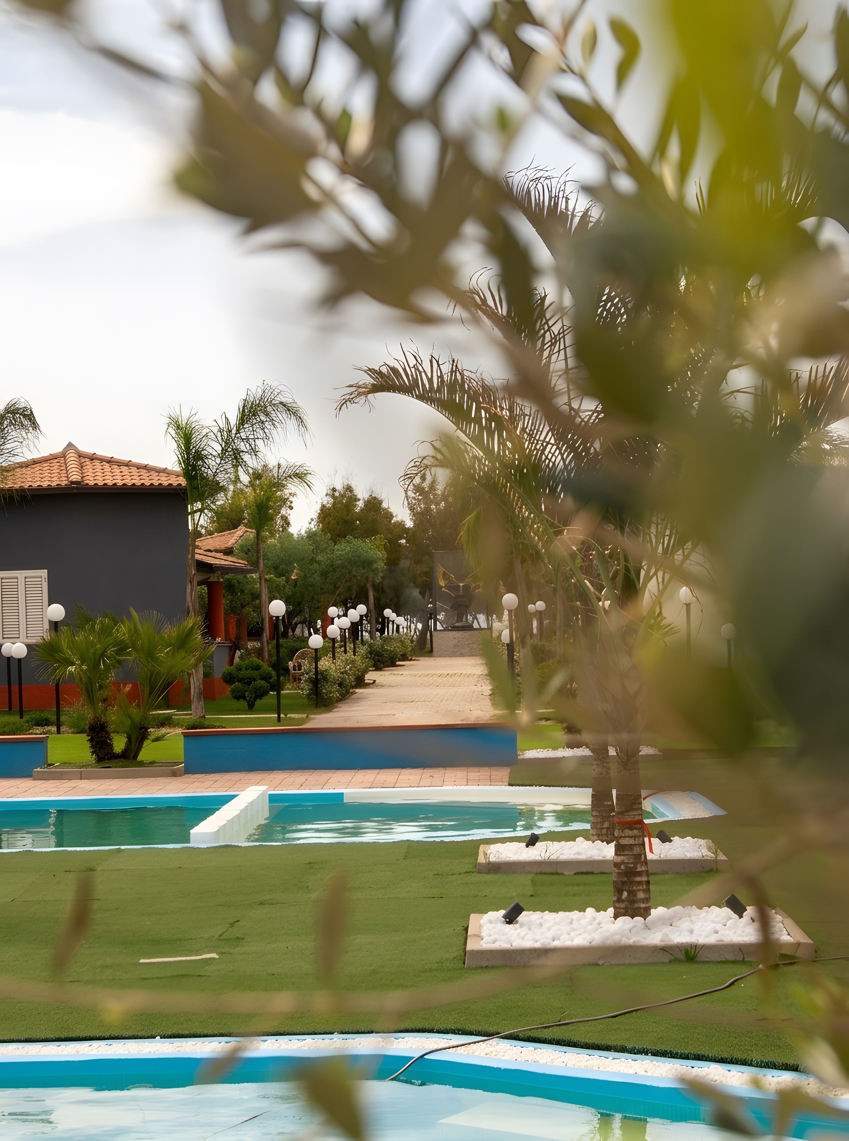 A pool area with multiple swimming pools, palm trees, and a pathway leading to a building with a tiled roof.